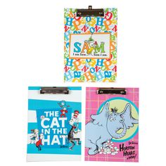 three children's clipboards with the cat in the hat and hortons on them