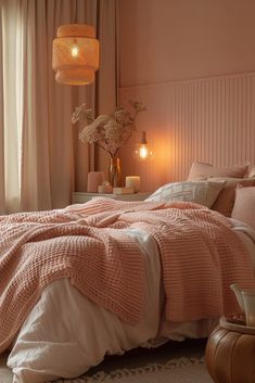 a bed with pink sheets and pillows in a bedroom next to a lamp on a table