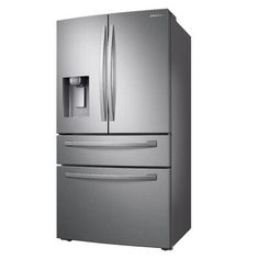 a stainless steel refrigerator freezer with water dispenser and ice maker on the door