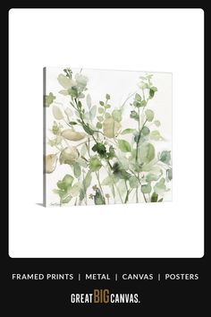 a painting with green leaves on it and the words, framed prints metal canvass posters