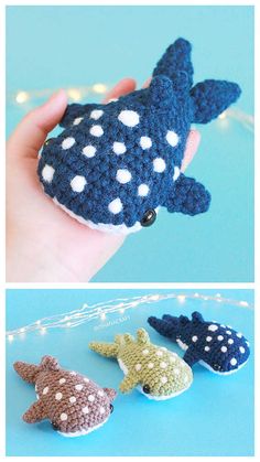 crocheted sea animals are being held by someone's hand and placed in front of the camera