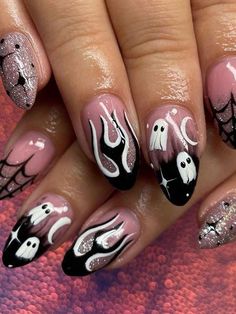 Halloween Nails Round Tip, Cobweb Nails, Nails Creative, Nails Stickers, Halloween Nails Easy, Girly Acrylic, Halloween Press On Nails, Shaped Nails, Hey Boo