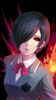 an anime character with black hair and red eyes, wearing a gray suit while standing in front of flames