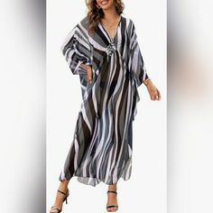 One Size Long Kaftan For Women Fit Us Size M, L, Xl, 2xl, A Relaxed Fit For Most Women's Body Types. Length: 54.7"This Mesh Beach Long Dress Is A Little Sheer, Providing Full Coverage And Protection With Its Lightweight And Flowy Silhouette That Gives You A Breezy And Comfortable Feel.The Deep V-Neck, Batwing Sleeves, And Side Slits Add Stylish Touches To This Kaftan Swim Cover Up, And The Gorgeous Ethnic Print Makes You Appear More Elegant And Charming In The Crowd.Whether You're Soaking Up The Elegant V-neck Cover-up For Beach Party, Striped Kaftan For Summer Beach Cover-up, Casual Striped V-neck Kaftan, Striped Maxi Dress For Beach Cover-up, Striped Long Sleeve Maxi Dress For Vacation, Striped Maxi Dress For Beach Season, Striped Maxi Dress For Beach, Striped V-neck Maxi Dress For Beach Season, Elegant Long Sleeve Beach Dress