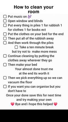 a checklist with the words how to clean your room written in pink on it