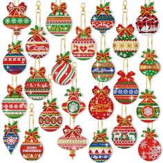 an assortment of christmas ornament ornaments hanging from chains on a white background photo