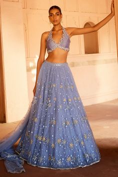 Buy Blue Blouse Pure Silk Embellished Sequin Fiza Floral Applique Lehenga Set For Women by Prevasu Online at Aza Fashions. Halter Neck Lengha, Halter Lengha Blouse, Sangeet Ghagra, Halter V Neck Blouse, Halter Neck Lengha Blouse, Halter Top Lehenga, Halterneck Saree Blouse, Wedding Lehnga For Bride Maid, Halter Neck Lehenga Blouse