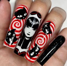 Emily The Strange Nails, Korn Nail Art, Chainsaw Man Nails, Slipknot Nails, Red Emo Nails Acrylic, South Park Nails, Scene Nails Emo, Redrum Nails, Scene Kid Nails