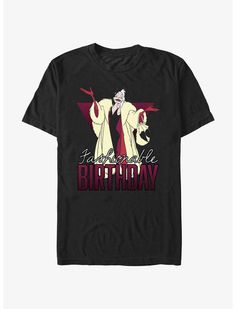 a black t - shirt with an image of two women in costume and the words happy birthday