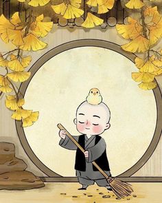 an image of a cartoon character holding a broom in front of a mirror with yellow leaves