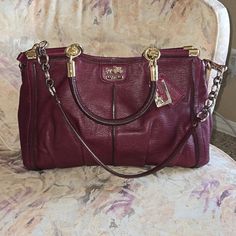 Beautiful Coach Bag In Deep Red. In Really Good Condition. There Are A Couple Of Flaws On Each Side Of The Bag That Are Pictured. 14 L 9 H 5 D Bags Coach, Coach Bag, The Bag, Deep Red, Coach Bags, A Couple, Shoulder Bags, Bag Lady, Shoulder Bag