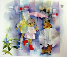 watercolor painting of two children holding an umbrella