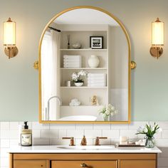 a bathroom with a sink, mirror and shelves