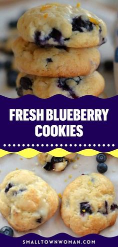 blueberry orange cream cheese cookies stacked on top of each other with the title above it