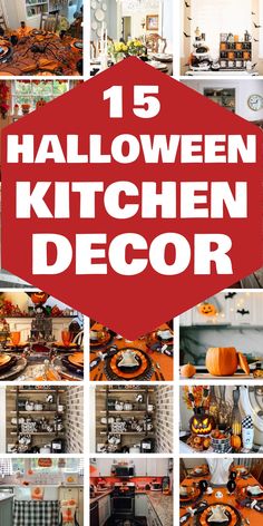 15 different Halloween-themed kitchen decorations, including pumpkins, spiderwebs, and festive table settings. Halloween Kitchen Ideas, Gothic Home Decor Ideas, Spooky Dinner, Orange Kitchen Decor, Halloween Table Settings, Spooky Kitchen, Halloween Kitchen Decor, Spooky Home, Spooky Home Decor