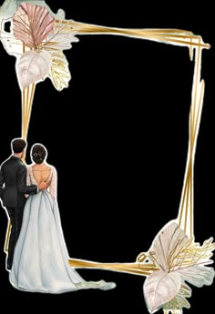 a bride and groom standing next to each other in front of a gold frame with flowers