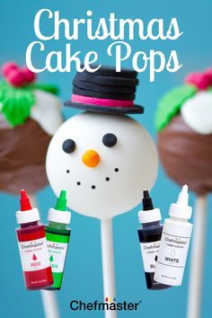 christmas cake pops with chocolate frosting and marshmallows in the shape of a snowman