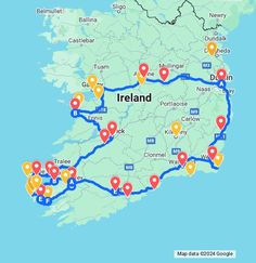 a map with pins on it that show the route to ireland and where you can go