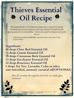 Thieves Essential Oil Recipe Thieves Essential Oil Recipe, Thieves Oil Recipe, Thieves Oil, Thieves Essential Oil, Essential Oil Diffuser Blends Recipes, Essential Oil Remedy, Essential Oils Guide, Essential Oils Herbs, Essential Oils Health