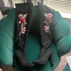 Never Worn Tights High Floral Embroidered Boots. Stretchy Fit Over The Knee Boots For Spring, Fitted Over-the-knee Spring Boots, Spring Party Boots With Floral Embroidery, Floral Embroidered Boots For Spring Party, Floral Embroidered Party Boots For Spring, Floral Boots, Embroidered Boots, Thigh High, Over The Knee Boots