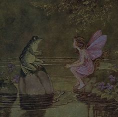 a fairy sitting on top of a rock next to a frog