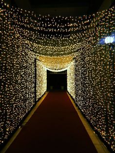 a long hallway with lights all over it