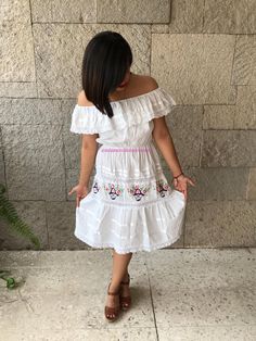 "Off shoulder mexican dress, vintage from the 70's. Perfect to wear it in a Mexican wedding, Mexican bridal shower, Mexican party or any occasion on summer or spring. Fits size: Small Measurements taken flat Armpit to Armpit 21\" Waist 9\" (stretches to 22\") Hips 22\" Bottom hem width 34\" Length 37\" Perfect conditions" Festival Embroidered Lace Dress, Embroidered Lace Festival Dress, White Ruffled Dress For Festivals, Bohemian Ruffle Dress For Fiesta, Bohemian Ruffled Dress For Fiesta, White Summer Fiesta Dress, White Spring Fiesta Dress, Traditional White Midi Dress For Summer, White Dress For Spring Fiesta