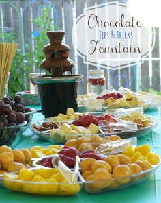 a table topped with lots of different types of fruit and desserts next to a chocolate fountain