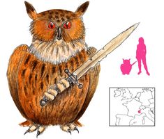 an owl with a knife in its hand and a woman standing behind it on the map