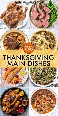 thanksgiving dinner dishes with the title overlay that reads,'39 thanksgiving main dishes