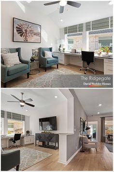 two pictures of the same living room and kitchen