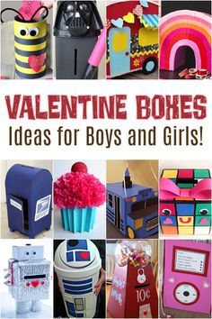 valentine boxes for boys and girls with text overlay that reads, valentine boxes ideas for boys and girls