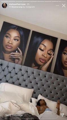 a woman laying on top of a bed in front of three pictures above her head