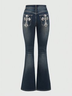 Navy Blue  Collar  Woven Fabric Butterfly Flare Leg Embellished High Stretch  Women Clothing Flare Jeans Print, Flared Jeans With Designs, Latina Flare Jeans, Flare Jeans With Designs, Mexican Jeans, Y2k Flare Pants, Punk Jeans, Cross Jeans, Cross Embroidery