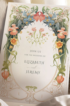 Celebrate your union with a flourish of nature and art with our Art Nouveau Inspired Floral Symphony Wedding Invitation. The front of this invitation features a lush and symmetrical arrangement of blooming flowers in a rich array of pastel colors, including coral tulips, sky-blue bellflowers, peach blossoms, and daffodil yellows, intricately intertwined with verdant green leaves. The back of the card presents these floral motifs cascading around the edges, framing the wedding details elegantly. Coral Tulips, Wedding Menus Design, Verdant Green, Bridal Brunch Invitations, Art Nouveau Flowers, Wedding Details Card, Flower Wedding Invitation, Bridal Brunch