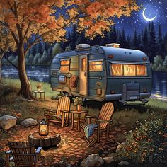 an rv parked in the woods next to a lake with chairs and tables around it