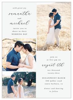 the wedding announcement is shown in three different photos, including an image of a couple