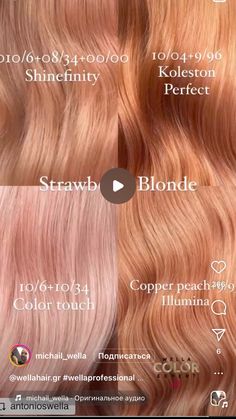 Hair Toner Colors Blondes, Solid Strawberry Blonde Hair, Strawberry Blonde Toner Formula, Bright Strawberry Blonde, Peach Red Hair, Strawberry Blonde Formula, Peach Blonde Hair, Blonde Color Chart, Exotic Hair Color