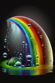 a rainbow with raindrops and drops of water on the bottom, in front of a black background