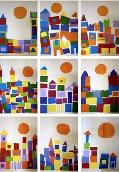 several pictures of different shapes and sizes of buildings made out of colored blocks with orange circles