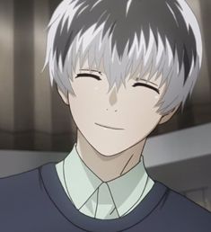 an anime character with white hair and grey eyes