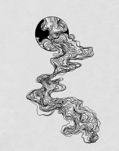 an ink drawing of waves coming out of the ocean with a full moon in the background