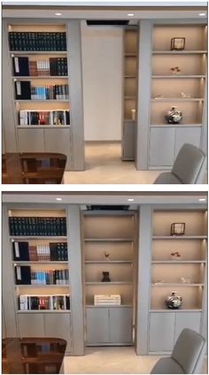 two pictures of the same bookcase in different stages of being opened and closed to reveal books