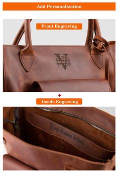 "ADD to cart MAKEUP BAG: https://etsy.me/2VTLIXI Womens leather briefcase, Leather monogram briefcase for women, Custom laptop briefcase, Personalized leather laptop satchel Excellent craftsmanship, amazing quality and the perfect size, make this laptop bag your favorite bag ever. These leather messengers are completely handmade with great care. Every knick, wrinkle and scratch is unique to the leather and adds to its character. You will absolutely love this bag! SIZES: ✦ EXTRA LARGE Size (XL) ✦ Leather Messenger Bag For Women, Brown Leather Laptop Bag, Laptop Purse, Crossbody Laptop Bag, Handmade Leather Tote Bag, Leather Computer Bag, Leather Work Bag, Tote Bag With Pockets, Work Tote Bag