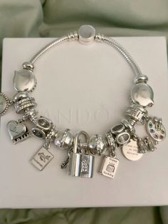 Pandora Silver Charm Bracelet, White Pandora Bracelet, Pandora Bracelet Stack, Pandora Charm Bracelet Aesthetic, Aesthetic Pandora, Pandora Bracelet Ideas, Pandora Silver Bracelet, Silver Pandora Bracelet