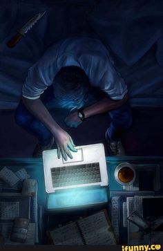 a painting of a person leaning over a computer keyboard with their hands on the keyboard