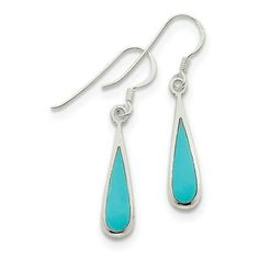 Sterling Silver Dangling Simulated Turquoise Earrings (Approximate Measurements 34mm x 6mm) Size: (34 mm x 6 mm).  Gender: female.  Age Group: adult. Cowgirl Bling, French Wire Earrings, Turquoise Earrings Dangle, Teardrop Dangle Earrings, Kids Earrings, French Wire, Girls Earrings, Fine Jewelry Gift, Feather Earrings