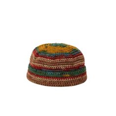 a multicolored knitted hat on a white background