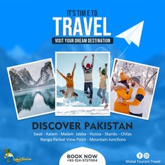 an advertisement for a travel company with three people jumping in the air and one man holding his arms up