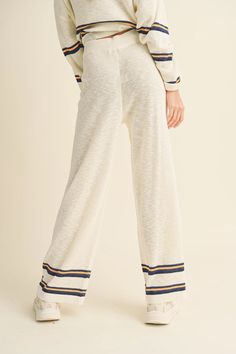 Adorable Striped comfy pants! Easy to throw on weith any ABOVO Basic! Model is wearing size S Measurements taken from size S Height - 5' 7 1/2" / 175.3CM 33(Bust) - 24(Waist) - 34(Hips)80% VISCOSE 20% POLYESTER hand wash Wide Leg Cotton Pants With Ribbed Waistband, Comfy Bottoms With Ribbed Waistband For Fall, Leisure Bottoms With Elastic Waistband For Fall, Cozy Wide Leg Spring Pants, High-waisted Cotton Leisure Pants, Cozy Leisure Pants For Spring, Spring Cozy Wide Leg Pants, Comfy Full Length Pants With Elastic Waistband, Casual Wide-leg Yoga Pants For Lounging